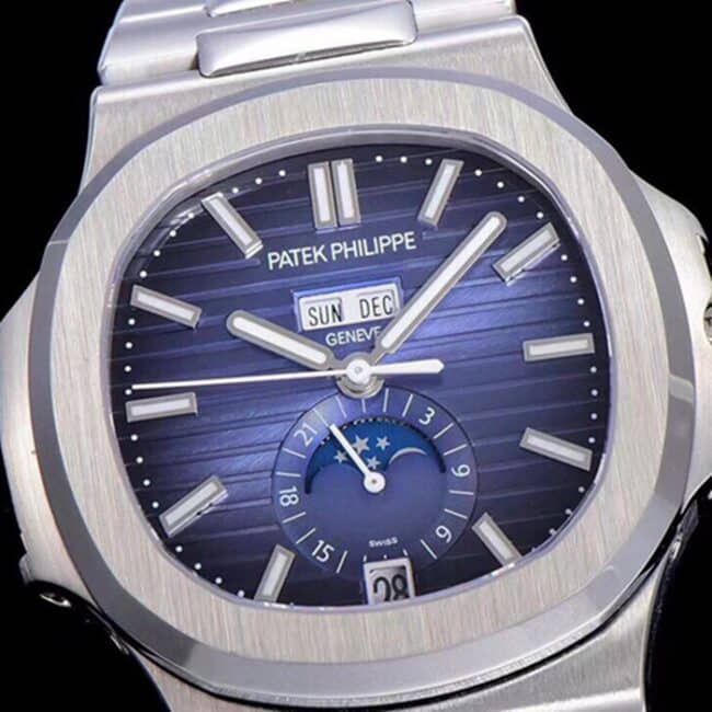 top-tier watch Patek Philippe men's blue dialsteel braceletNautilus annual calendar bowl watch 5726 series watch front view