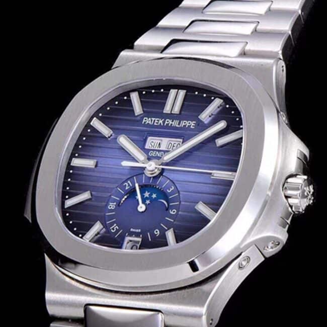 top-tier watch Patek Philippe men's blue dialsteel braceletNautilus annual calendar bowl watch 5726 series watch front view