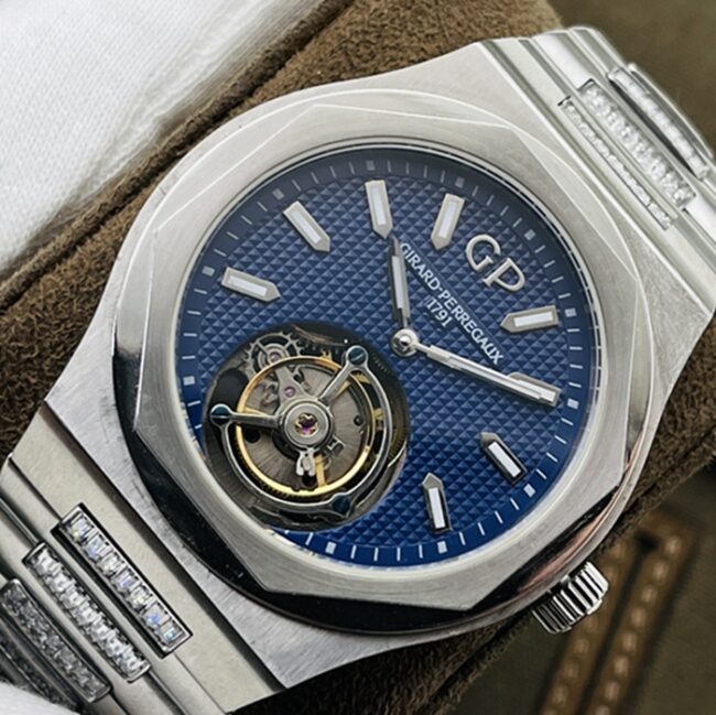 Top-tier watch Girard-Perregaux men's blue dialsteel bracelet Laurel series real tourbillon mechanical watch front view