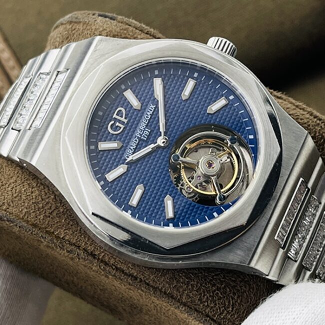 Top-tier watch Girard-Perregaux men's blue dialsteel bracelet Laurel series real tourbillon mechanical watch front view