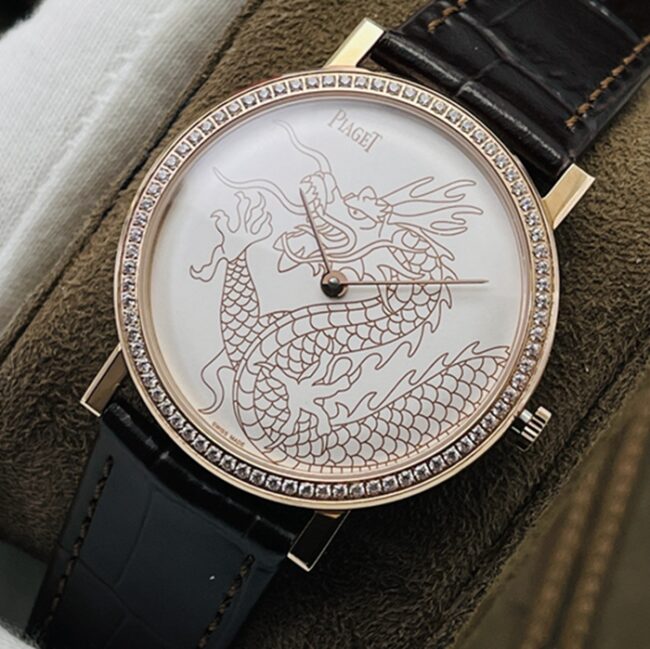 Top-tier watch Piaget men's white dial brown belt dragon and phoenix series watch front view