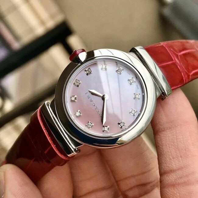 top-tier watch Bvlgari women's pink plate red strap LVCEA series leather strap watch front view