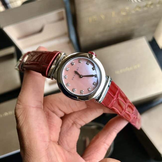 top-tier watch Bvlgari women's pink plate red strap LVCEA series leather strap watch front view