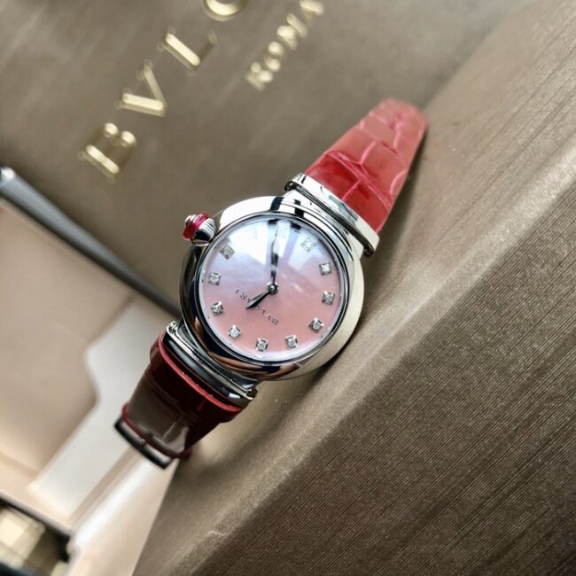 top-tier watch Bvlgari women's pink plate red strap LVCEA series leather strap watch front view