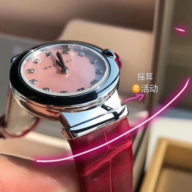 top-tier watch Bvlgari women's pink plate red strap LVCEA series leather strap watch detail shots