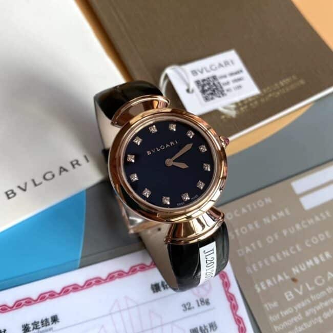 top-tier watch Bvlgari women's black dial black belt leather strap watch front view