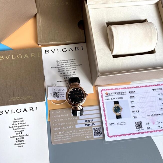top-tier watch Bvlgari women's black dial black belt leather strap watch front view