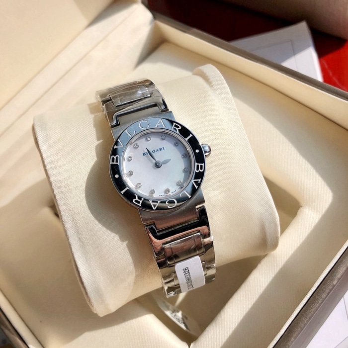top-tier watch Bvlgari women's white dialsteel braceletquartz watch front view