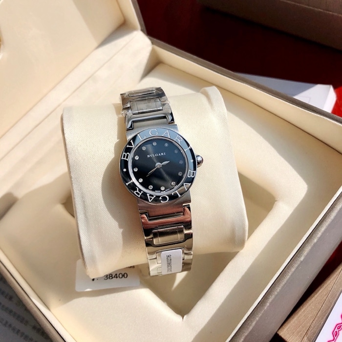 top-tier watch Bvlgari women's black dialsteel bracelet fashion quartz watch front view