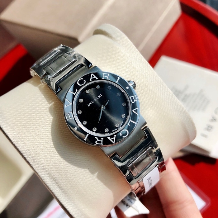 top-tier watch Bvlgari women's black dialsteel bracelet fashion quartz watch front view