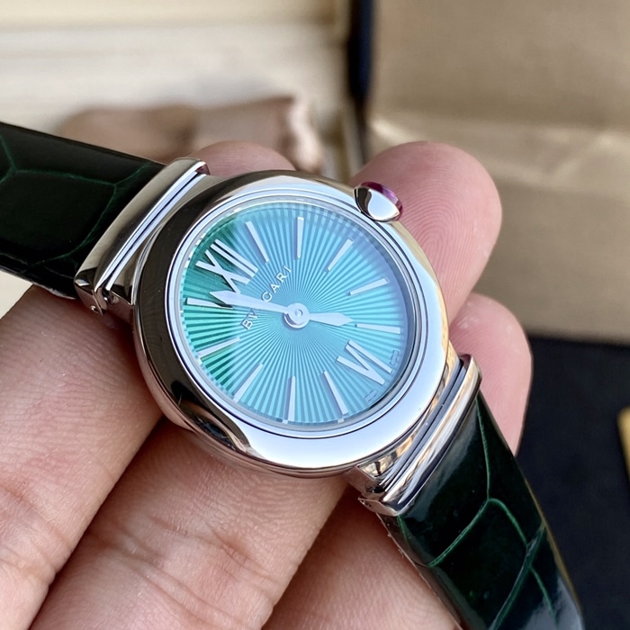 top-tier watch Bvlgari women's blue dial green strap LVCEA series quartzleather strap watch front view