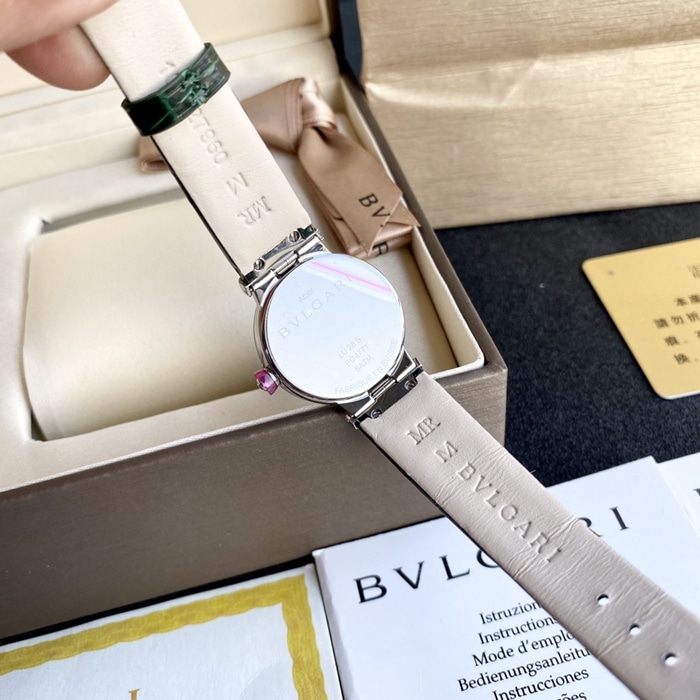top-tier watch Bvlgari women's blue dial green strap LVCEA series quartzleather strap watch back cover picture