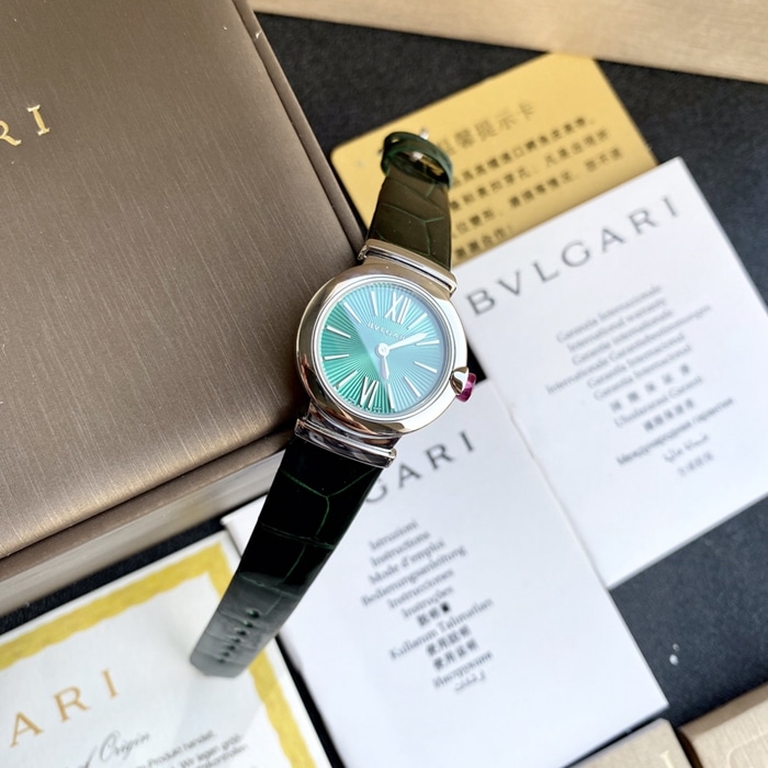 top-tier watch Bvlgari women's blue dial green strap LVCEA series quartzleather strap watch front view