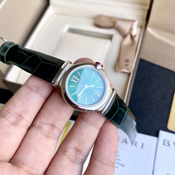 top-tier watch Bvlgari women's blue dial green strap LVCEA series quartzleather strap watch front view