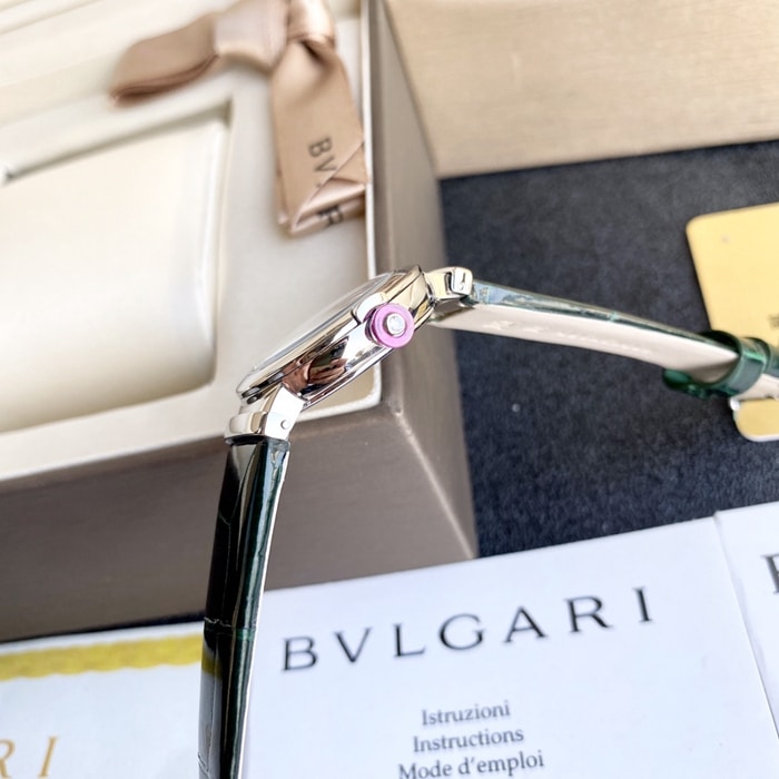 top-tier watch Bvlgari women's blue dial green strap LVCEA series quartzleather strap watch side view