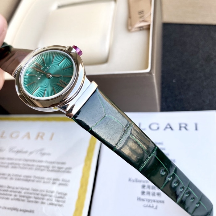 top-tier watch Bvlgari women's blue dial green strap LVCEA series quartzleather strap watch bracelet picture