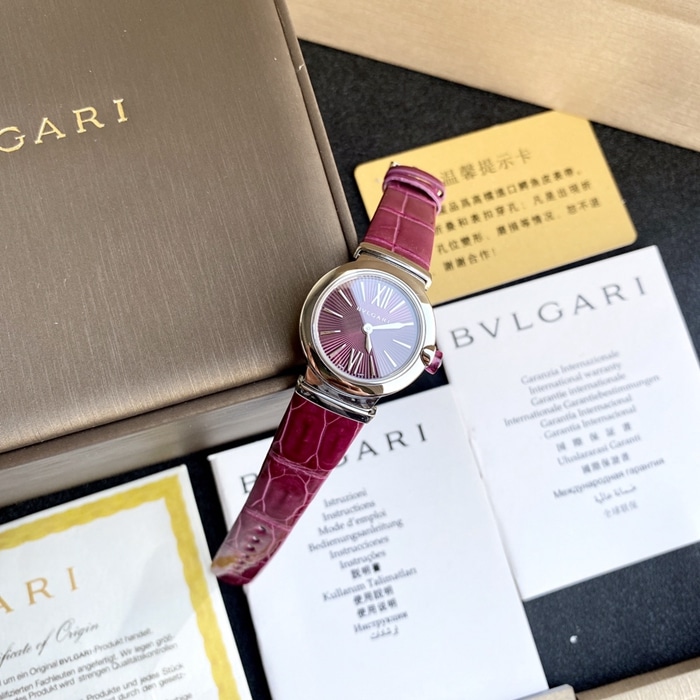 top-tier watch Bvlgari women's red plate and red strap LVCEA series quartz watch front view