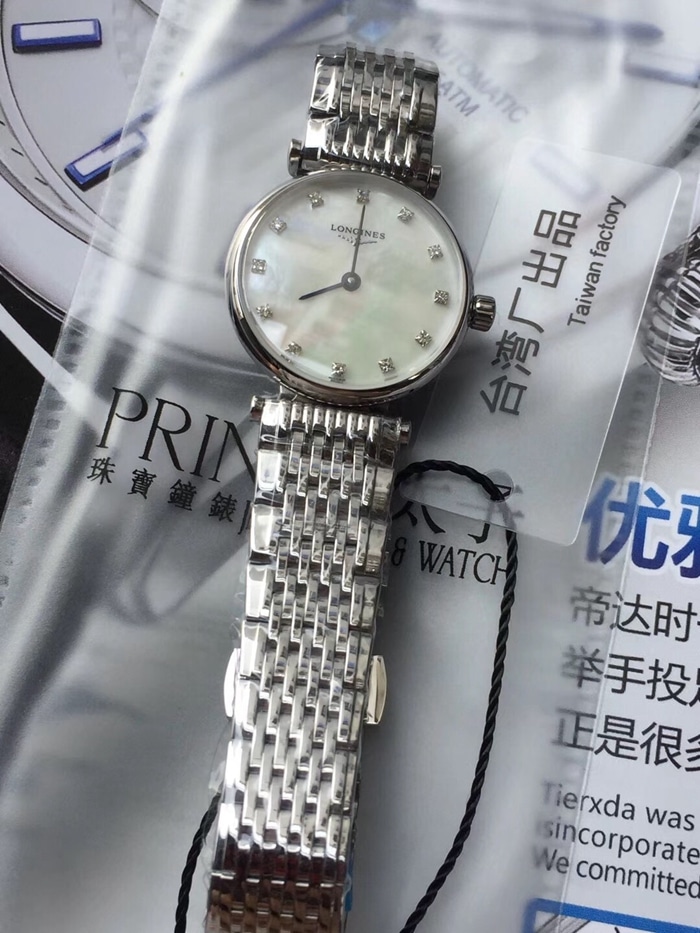 TW factory top-tier watch Longines women's white dialsteel bracelet Jialan series watch front view