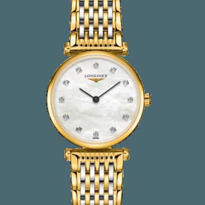 top-tier watch Longines couple watch white dial gold belt Jialan series quartz watch front view