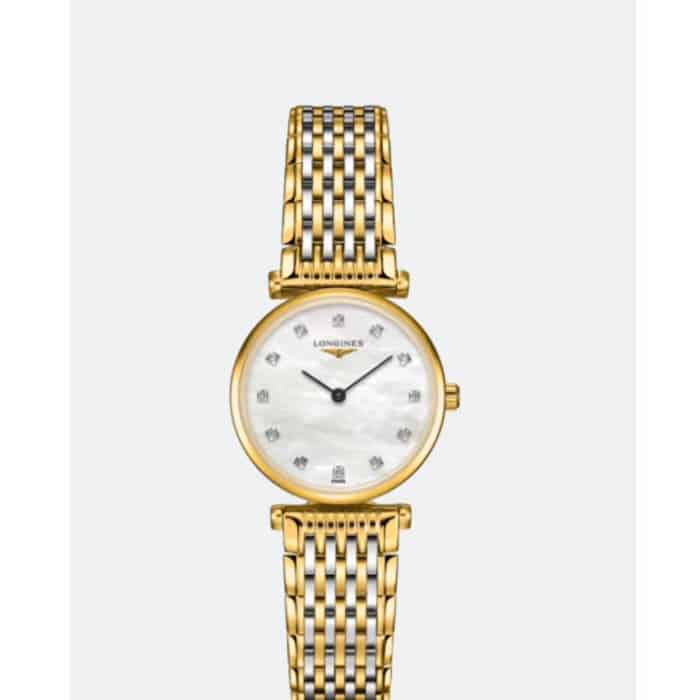 top-tier watch Longines couple watch white dial gold belt Jialan series quartz watch front view