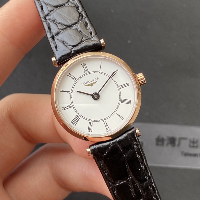 top-tier watch Longines couple watch white dial black belt Jialan series quartzleather strap watch front view