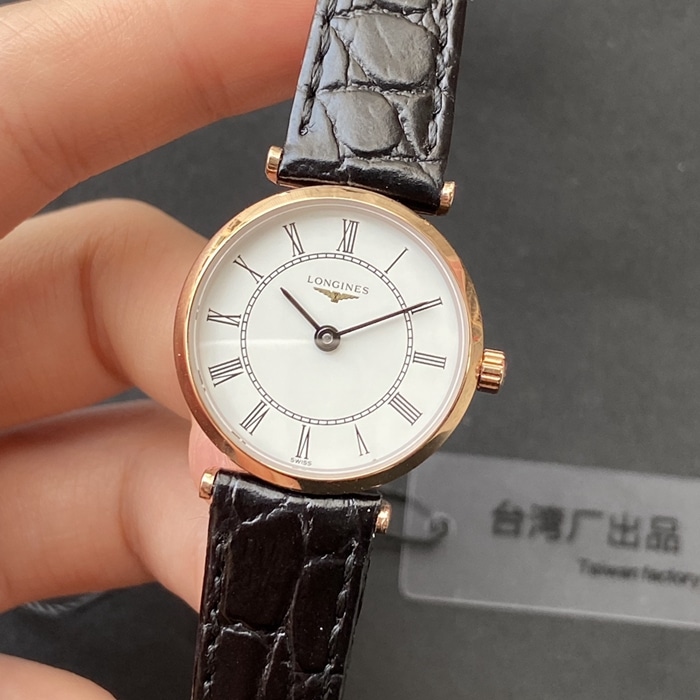 top-tier watch Longines couple watch white dial black belt Jialan series quartzleather strap watch front view