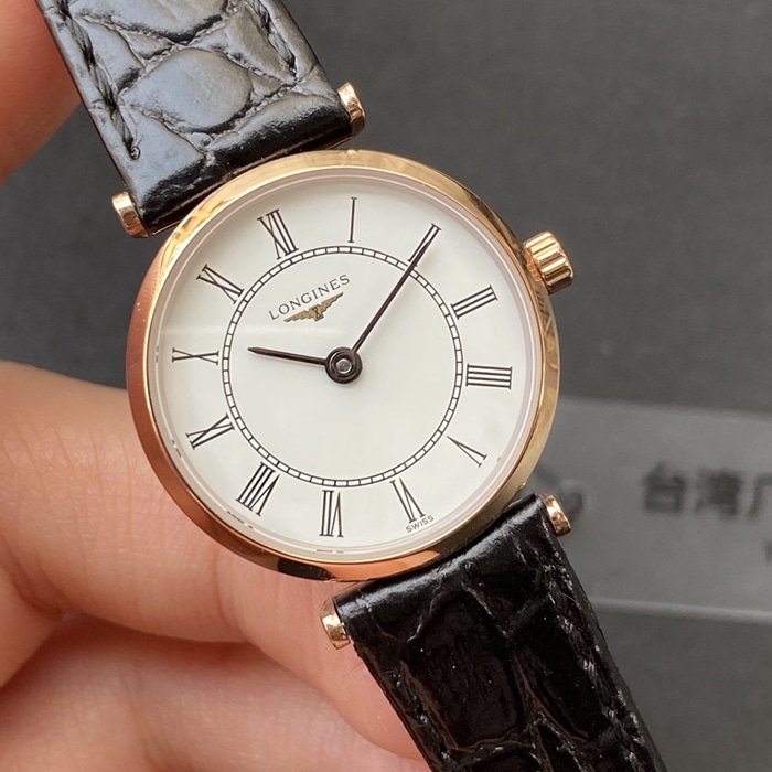 top-tier watch Longines couple watch white dial black belt Jialan series quartzleather strap watch front view