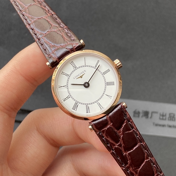 top-tier watch Longines couple watch white dial brown belt Jialan series leather strapquartz watch front view
