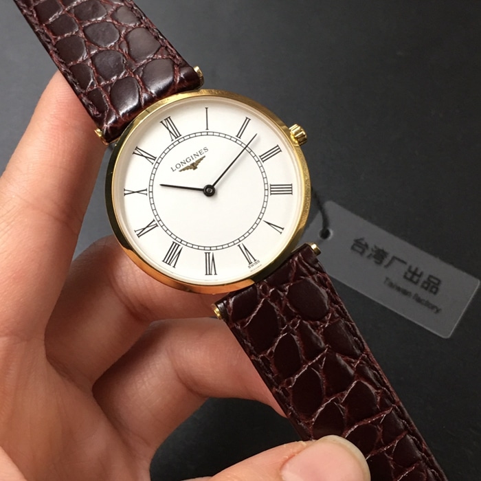 top-tier watch Longines couple watch white dial black belt Jialan series quartzleather strap watch front view
