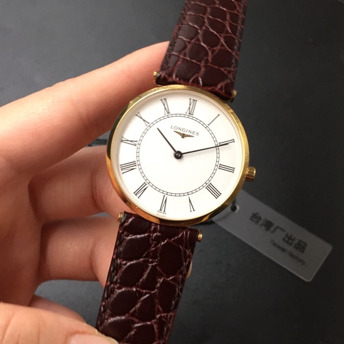 top-tier watch Longines couple watch white dial black belt Jialan series quartzleather strap watch front view