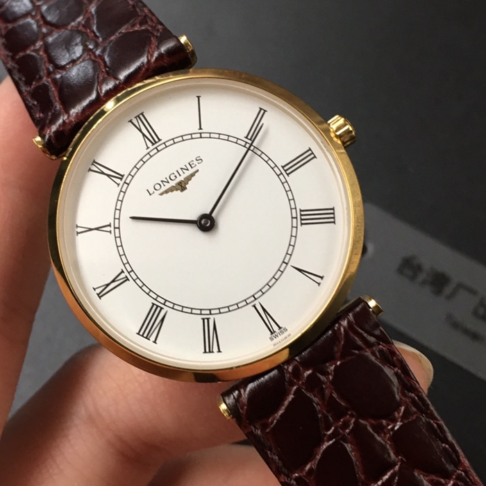 top-tier watch Longines couple watch white dial black belt Jialan series quartzleather strap watch front view