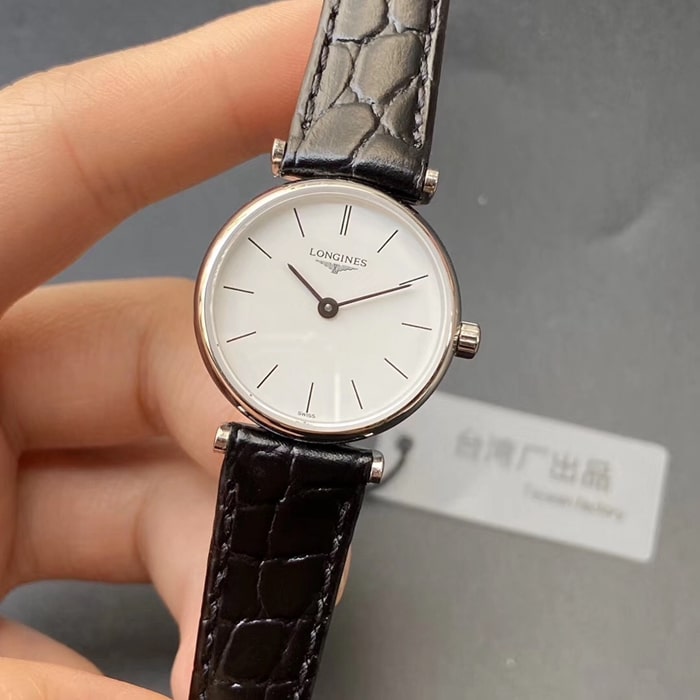 Top collectible watches Longines Couple Pair Watch White Plate Black Strap Karan Series Simple Quartz Belt Wristwatch Front View