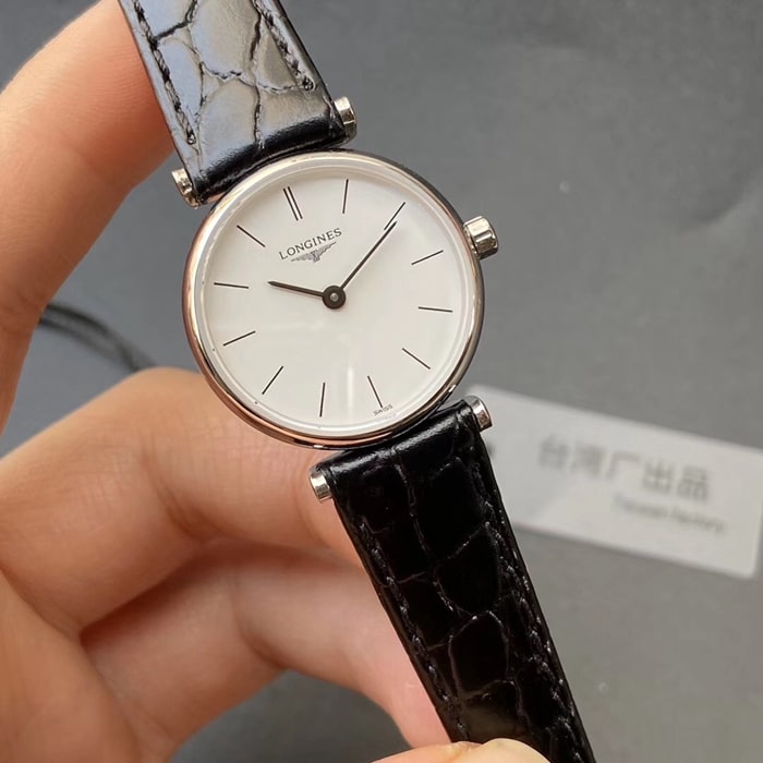 Top collectible watches Longines Couple Pair Watch White Plate Black Strap Karan Series Simple Quartz Belt Wristwatch Front View