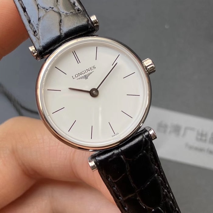 Top collectible watches Longines Couple Pair Watch White Plate Black Strap Karan Series Simple Quartz Belt Wristwatch Front View