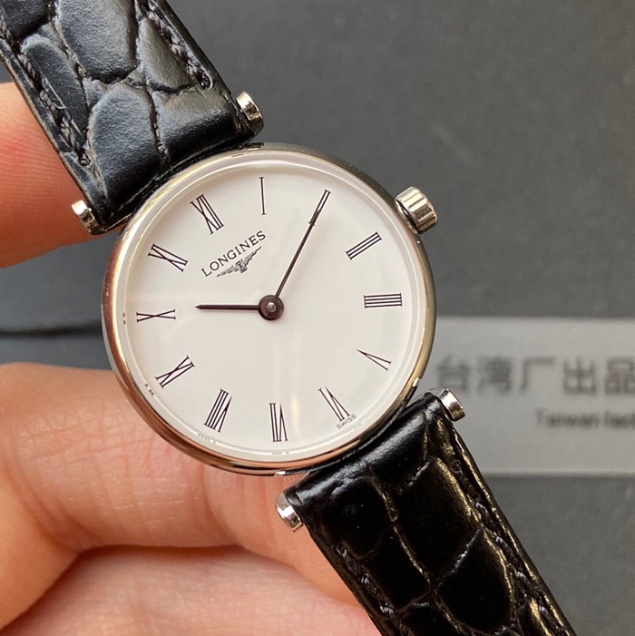 top-tier watch Longines couple watch white dial black belt ultra-thin Jialan series leather strap watch front view
