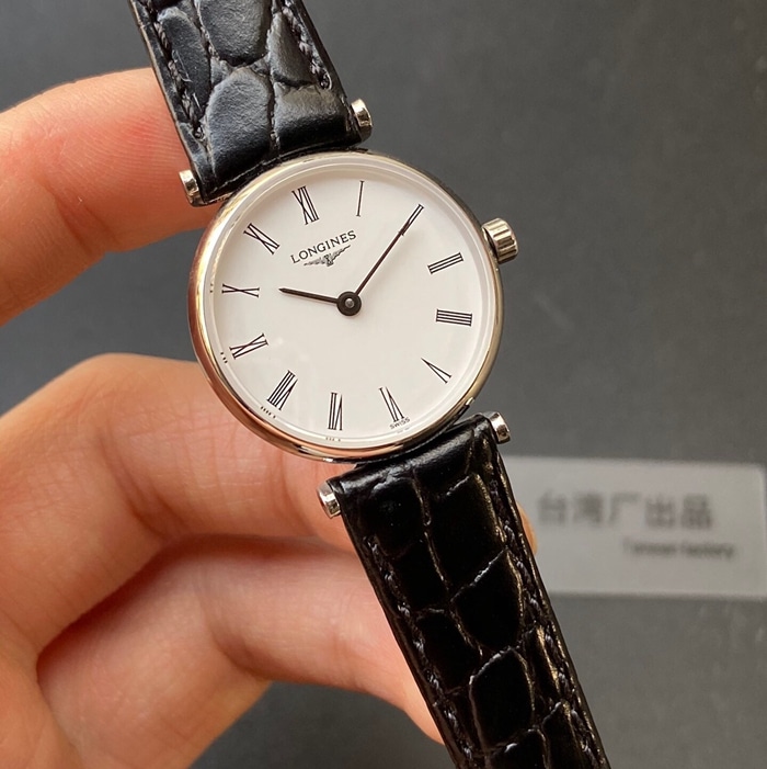 top-tier watch Longines couple watch white dial black belt ultra-thin Jialan series leather strap watch front view