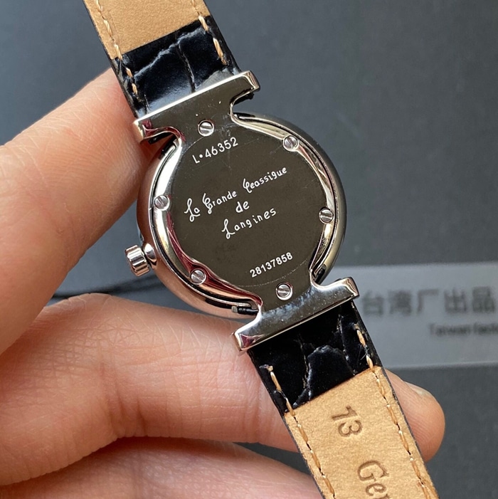 Top-tier watch Longines couple watch white dial black belt ultra-thin Jialan series leather strap watch back cover picture