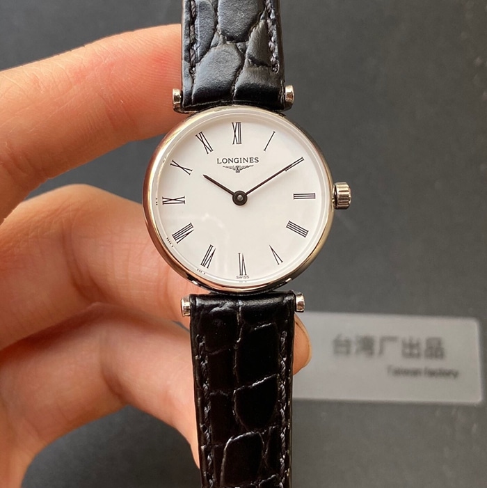top-tier watch Longines couple watch white dial black belt ultra-thin Jialan series leather strap watch front view