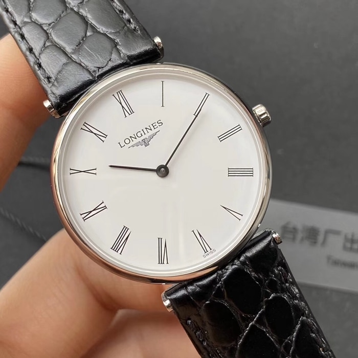 top-tier watch Longines couple watch white dial blue belt elegant Jialan series quartzleather strap watch front view