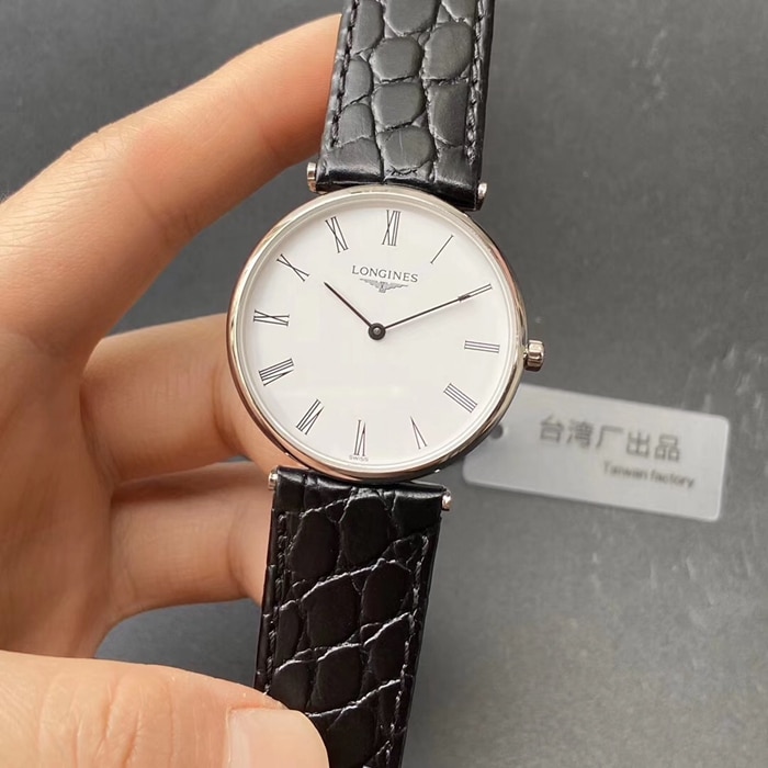 top-tier watch Longines couple watch white dial blue belt elegant Jialan series quartzleather strap watch front view