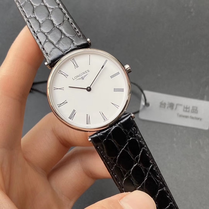 top-tier watch Longines couple watch white dial blue belt elegant Jialan series quartzleather strap watch front view
