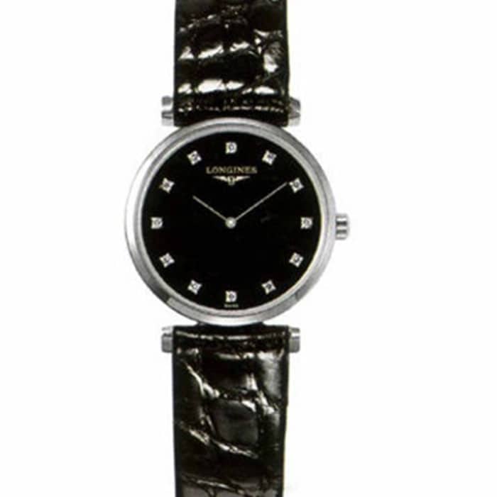 top-tier watch Longines couple watch black dial black belt Jialan series leather strap watch front view