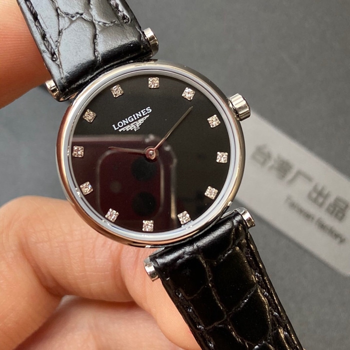 top-tier watch Longines couple watch black dial black belt Jialan series leather strap watch front view