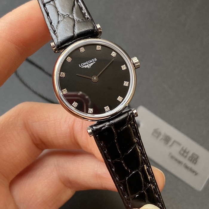 top-tier watch Longines couple watch black dial black belt Jialan series leather strap watch front view