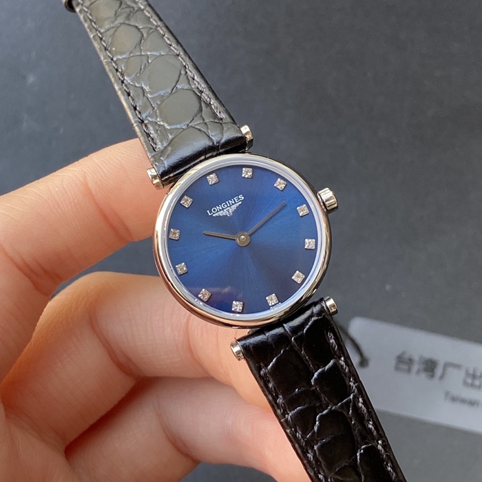 top-tier watch Longines couple watch blue dial black belt Jialan series leather strapquartz watch front view