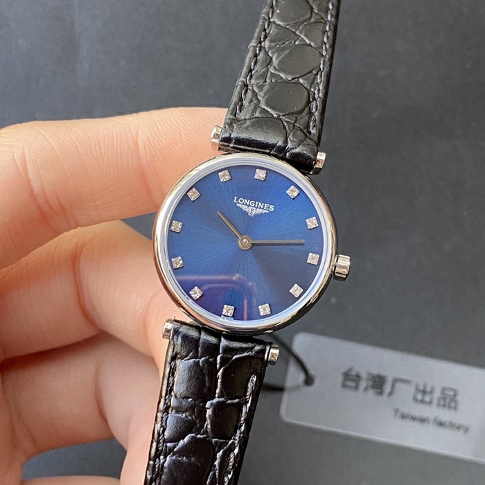 top-tier watch Longines couple watch blue dial black belt Jialan series leather strapquartz watch front view