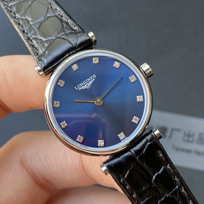 top-tier watch Longines couple watch blue dial black belt Jialan series leather strapquartz watch front view