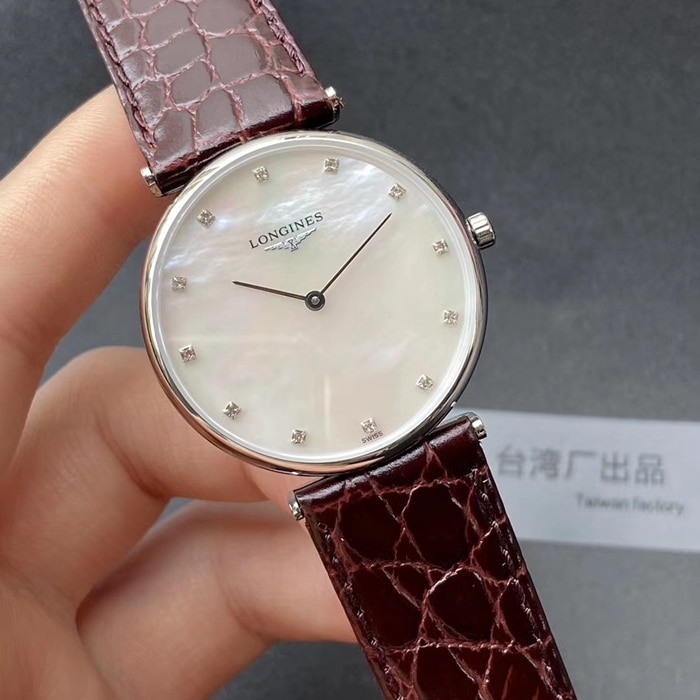 top-tier watch Longines couple watch white dial brown belt Jialan series leather strap watch front view