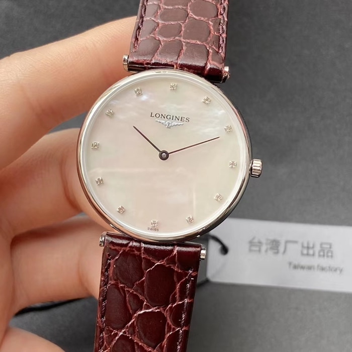 top-tier watch Longines couple watch white dial brown belt Jialan series leather strap watch front view