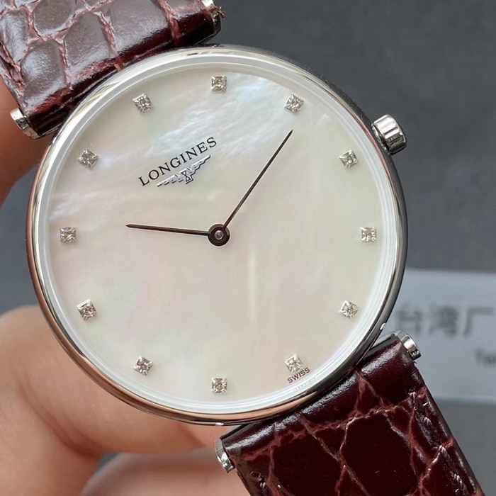 top-tier watch Longines couple watch white dial brown belt Jialan series leather strap watch front view